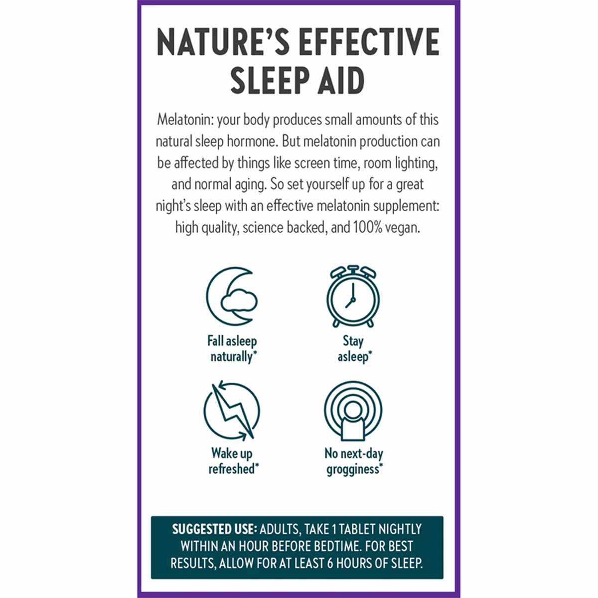 New Chapter Plant Melatonin supplement label with purple border describing sleep aid benefits and usage instructions.
