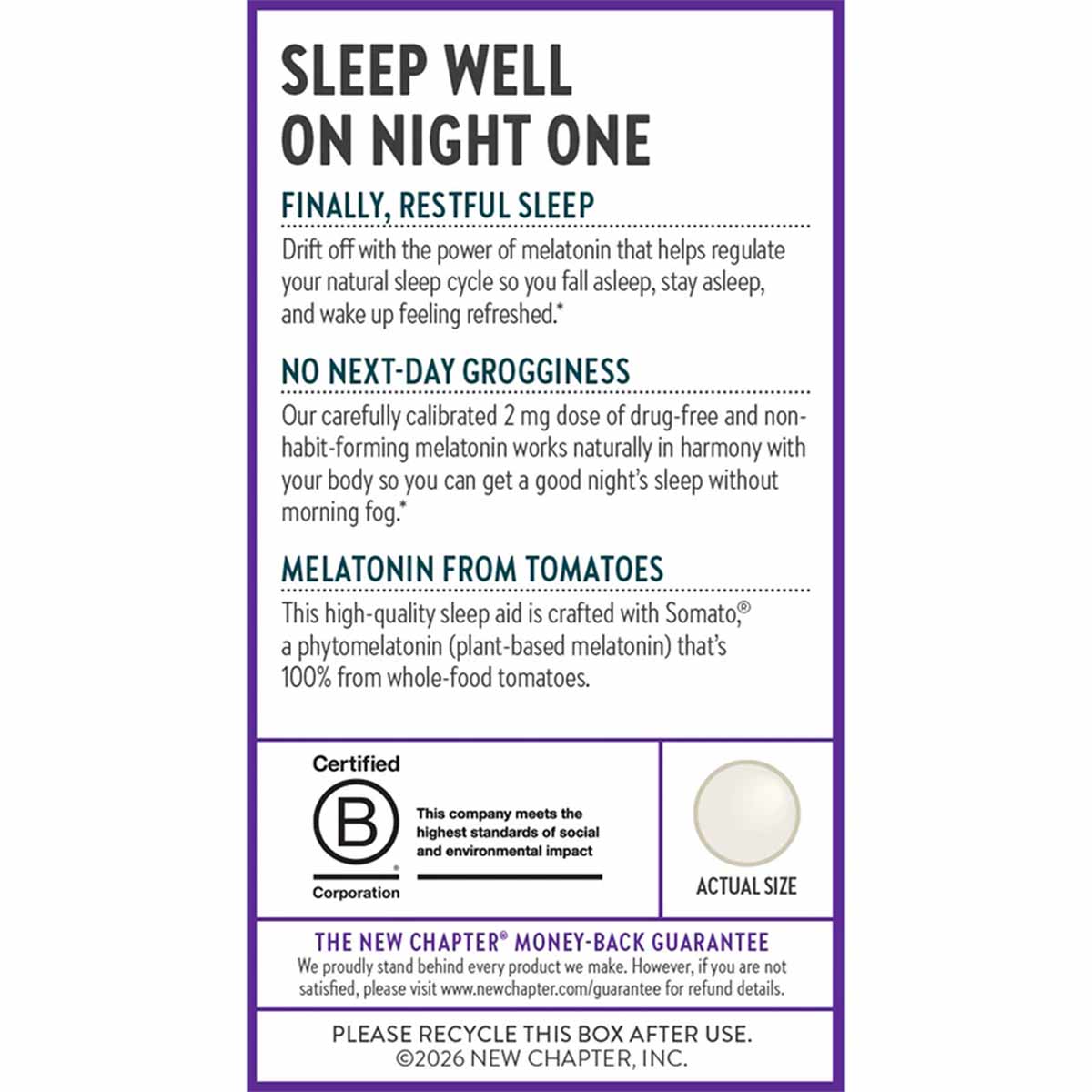 New Chapter Plant Melatonin supplement bottle box with purple border displaying sleep support information and B Corporation c
