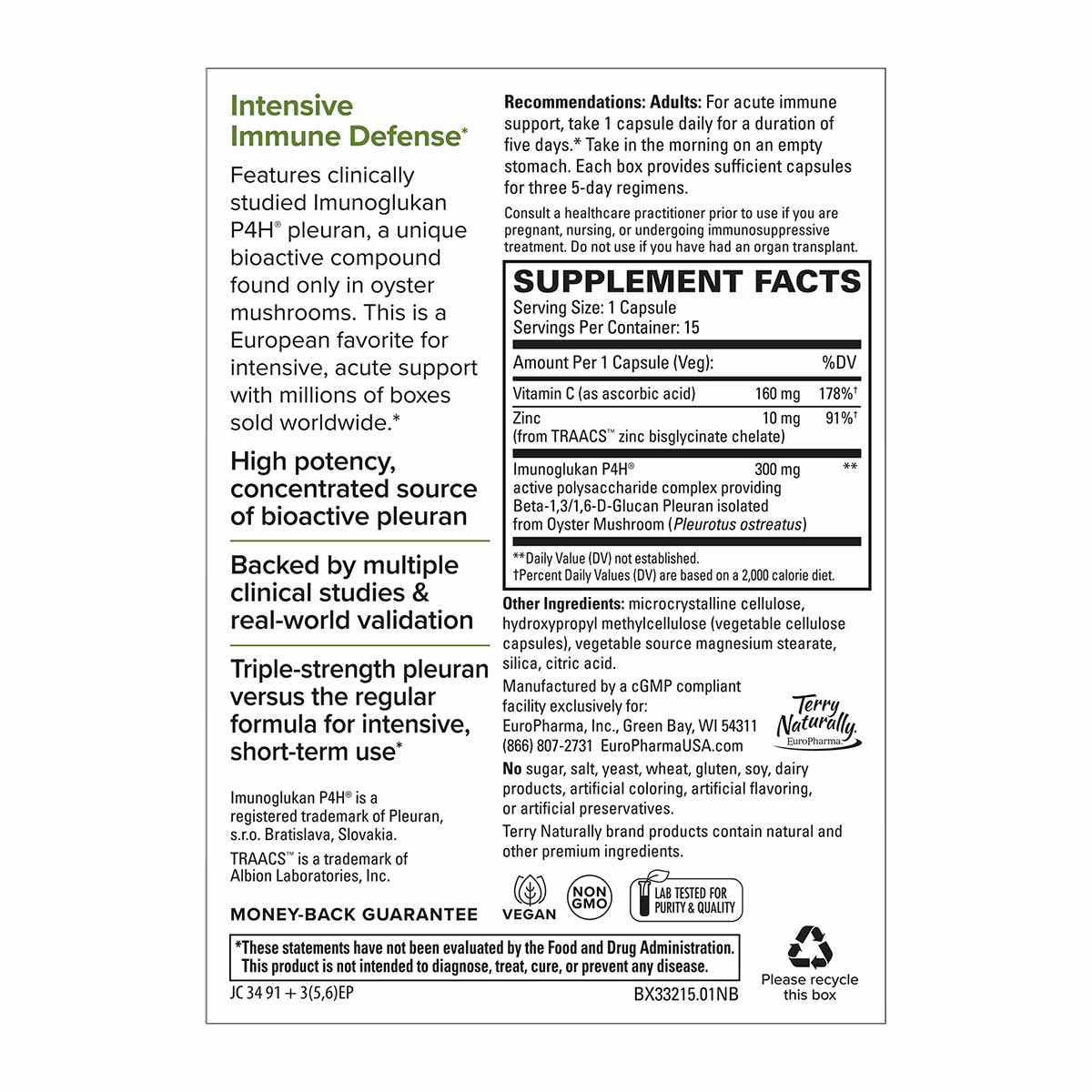 Bottle label for PleuraMax Extra Strength supplement by Terry Naturally showing product information, supplement facts, and in