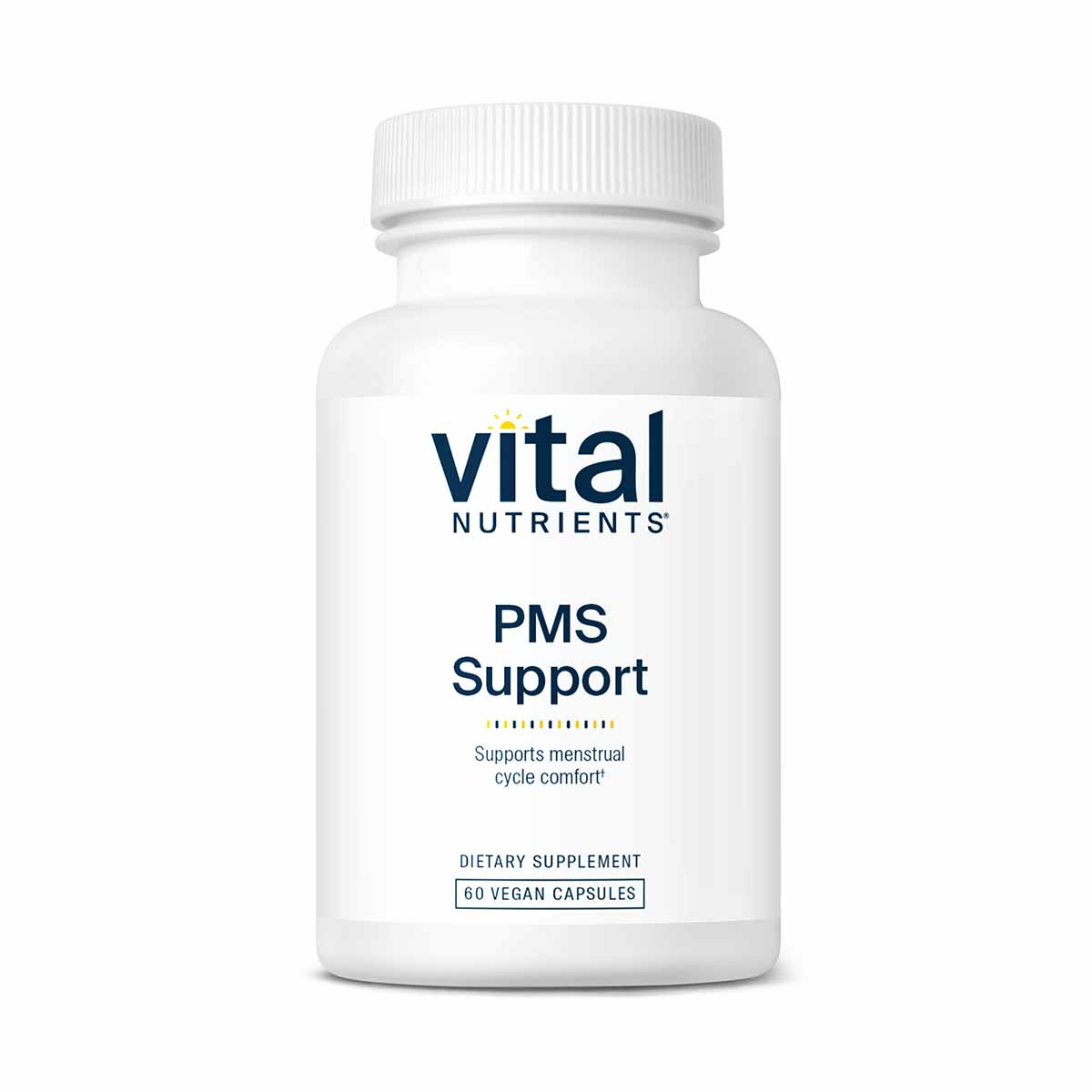 White bottle of Vital Nutrients PMS Support dietary supplement containing 60 vegan capsules.