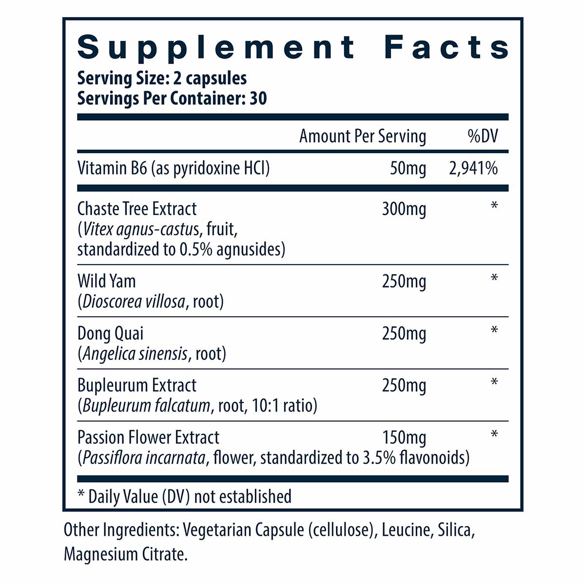Supplement Facts label showing 2 capsule serving size with Vitamin B6, Chaste Tree Extract, Wild Yam, Dong Quai, Bupleurum Ex