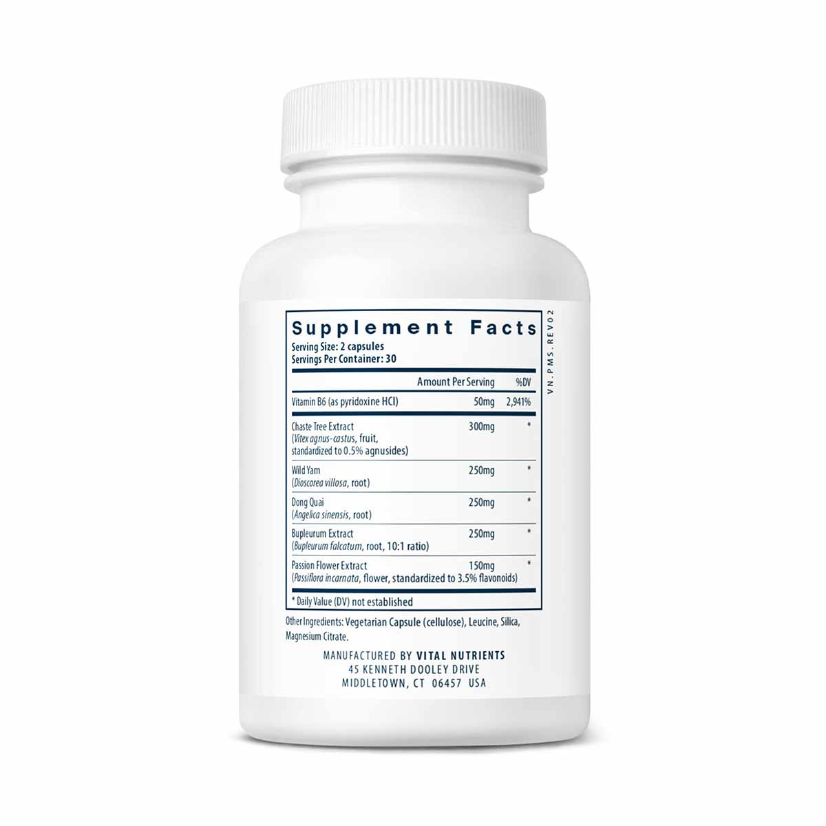 White supplement bottle with white cap and black Supplement Facts label listing ingredients including Vitamin B6, Chasteberry