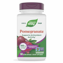 White bottle with purple cap containing Nature's Way pomegranate extract capsules, 350 mg per serving, 60 vegan capsules.