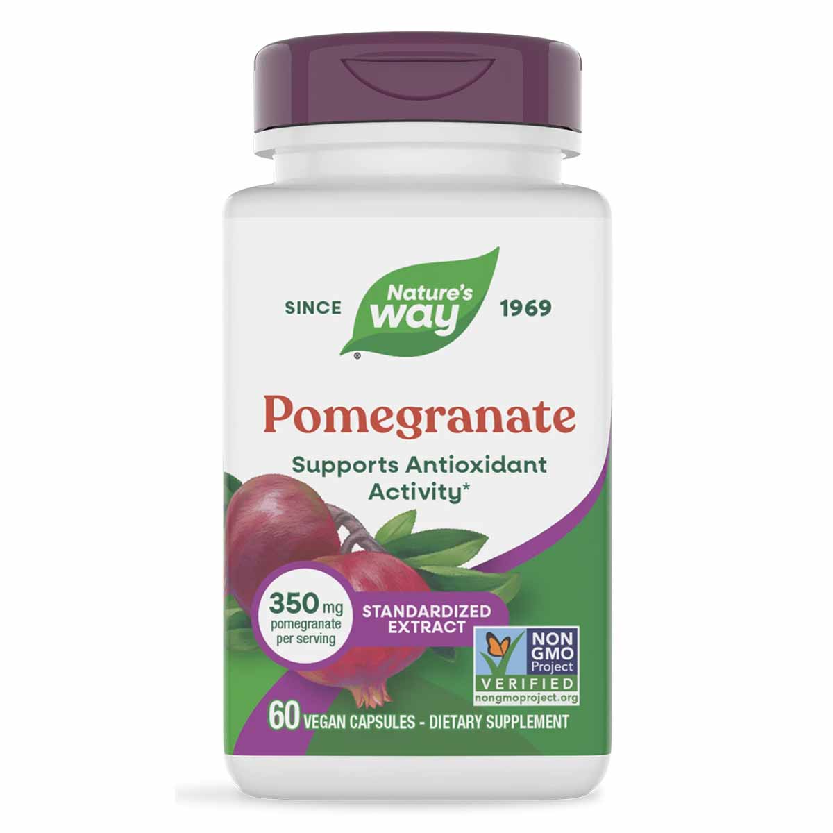 White bottle with purple cap containing Nature's Way pomegranate extract capsules, 350 mg per serving, 60 vegan capsules.