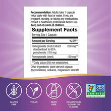 Natures Way Pomegranate Premium Extract supplement label showing 350mg serving size with ingredient details and certification