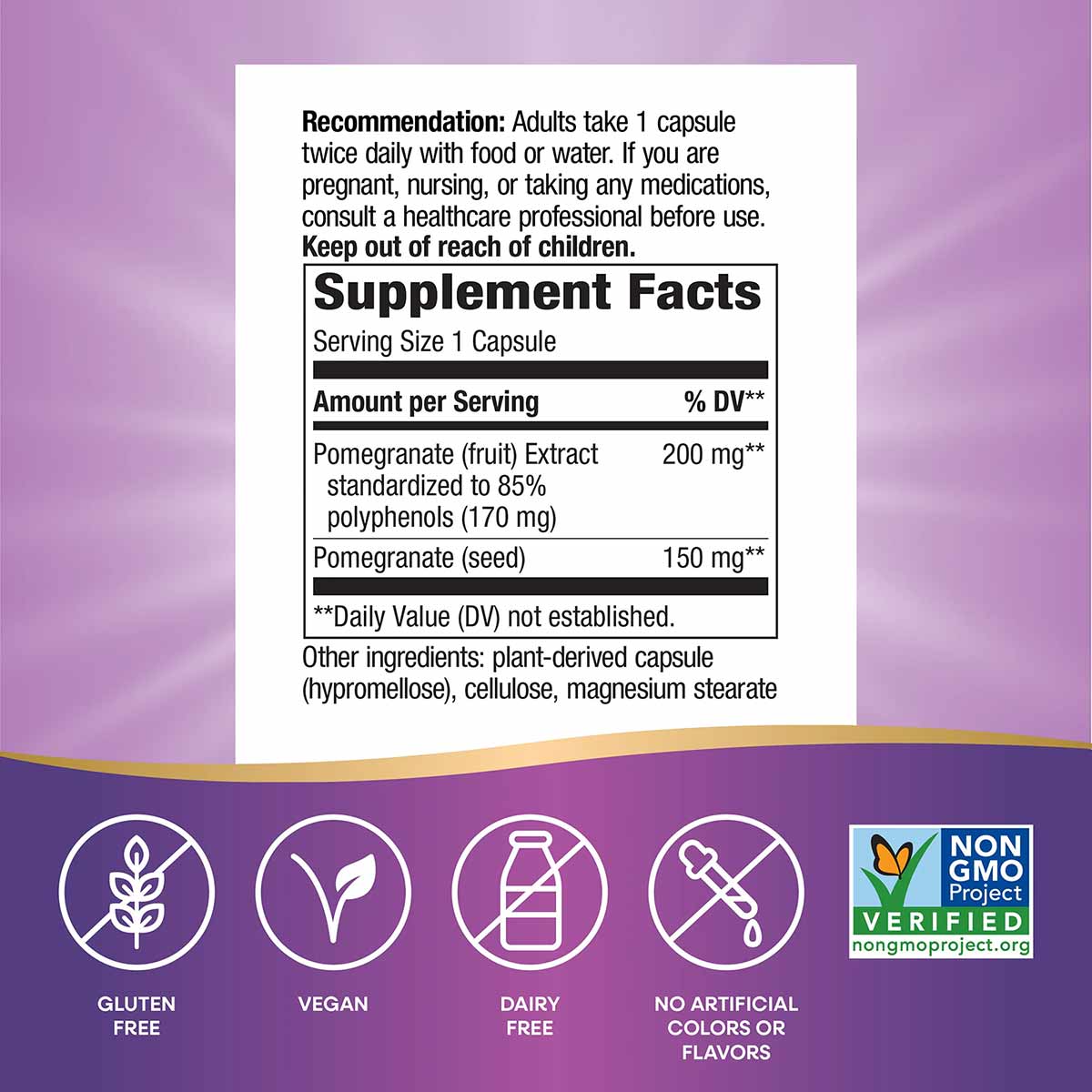 Natures Way Pomegranate Premium Extract supplement label showing 350mg serving size with ingredient details and certification