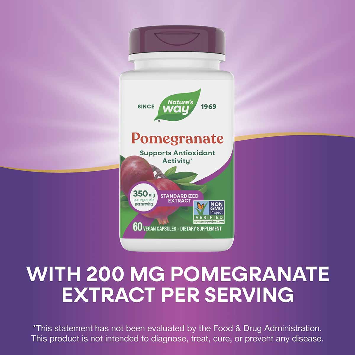 Nature's Way Pomegranate 350 mg supplement bottle with purple cap containing 60 vegan capsules.