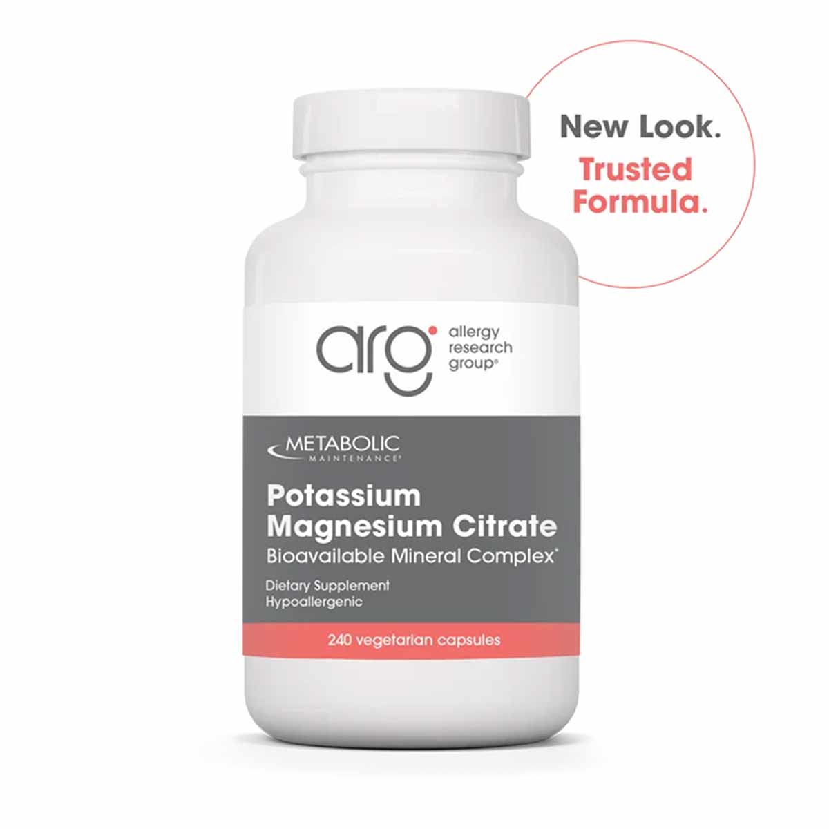 White bottle of Allergy Research Group Potassium Magnesium Citrate with gray and coral label containing 240 vegetarian capsul