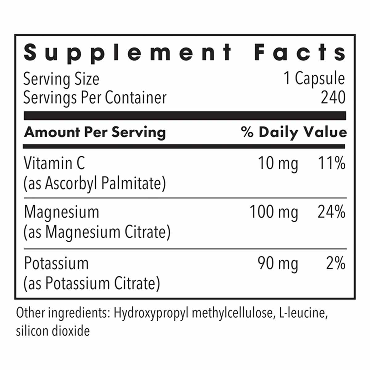 Supplement Facts label showing serving size of 1 capsule with 240 servings per container, listing Vitamin C, Magnesium Citrat
