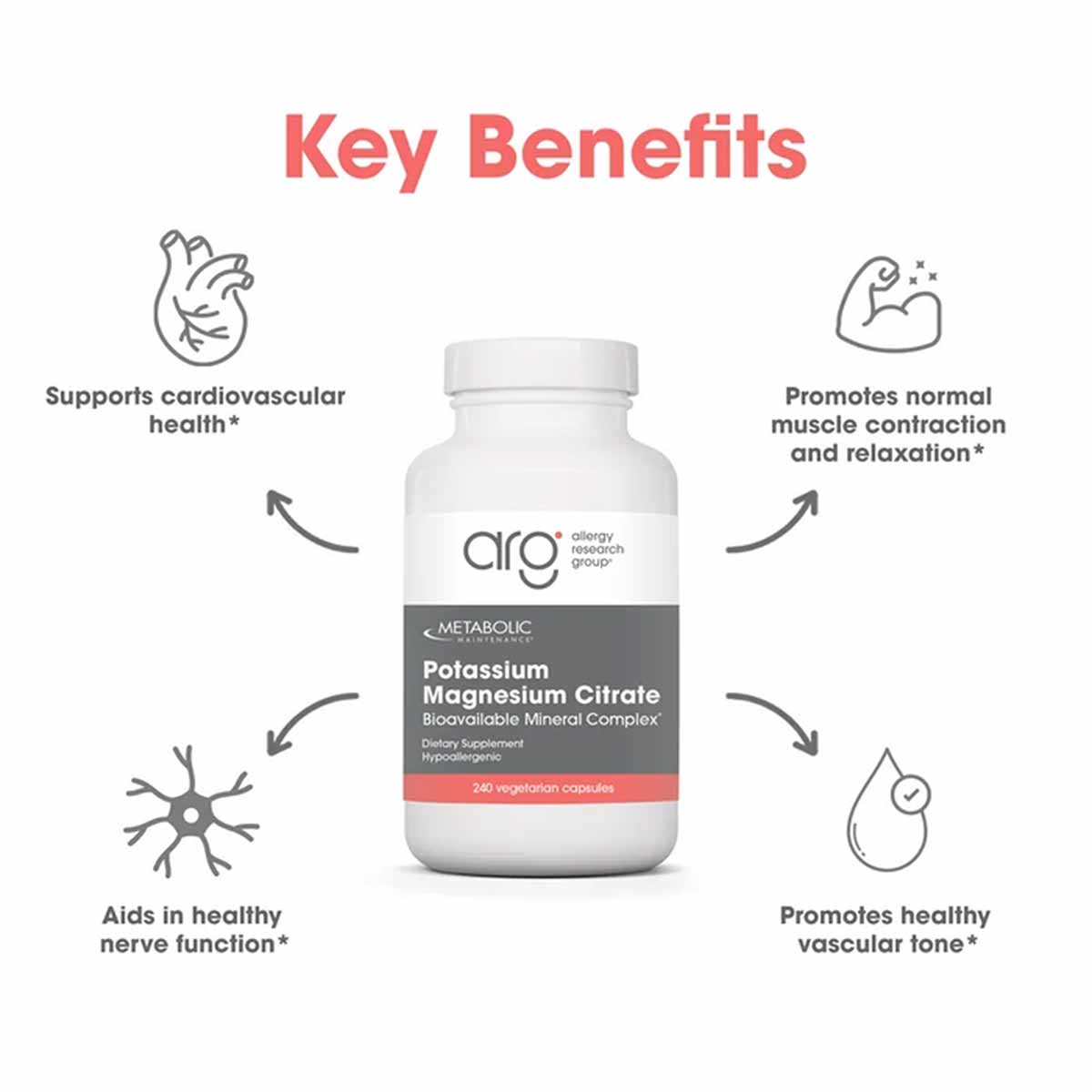 White bottle of Potassium Magnesium Citrate dietary supplement with 240 vegetarian capsules by Allergy Research Group.