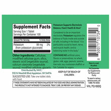 Potassium supplement bottle label showing 99mg per tablet with supplement facts, ingredients, and usage instructions on green