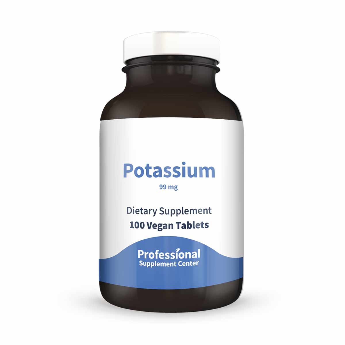 Dark glass bottle with white and blue label reading "Potassium 99 mg, 100 Vegan Tablets, Dietary Supplement" by Professional 