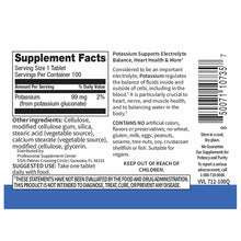 Bottle label for Professional Supplement Center Potassium supplement tablets containing 99 mg potassium per serving.