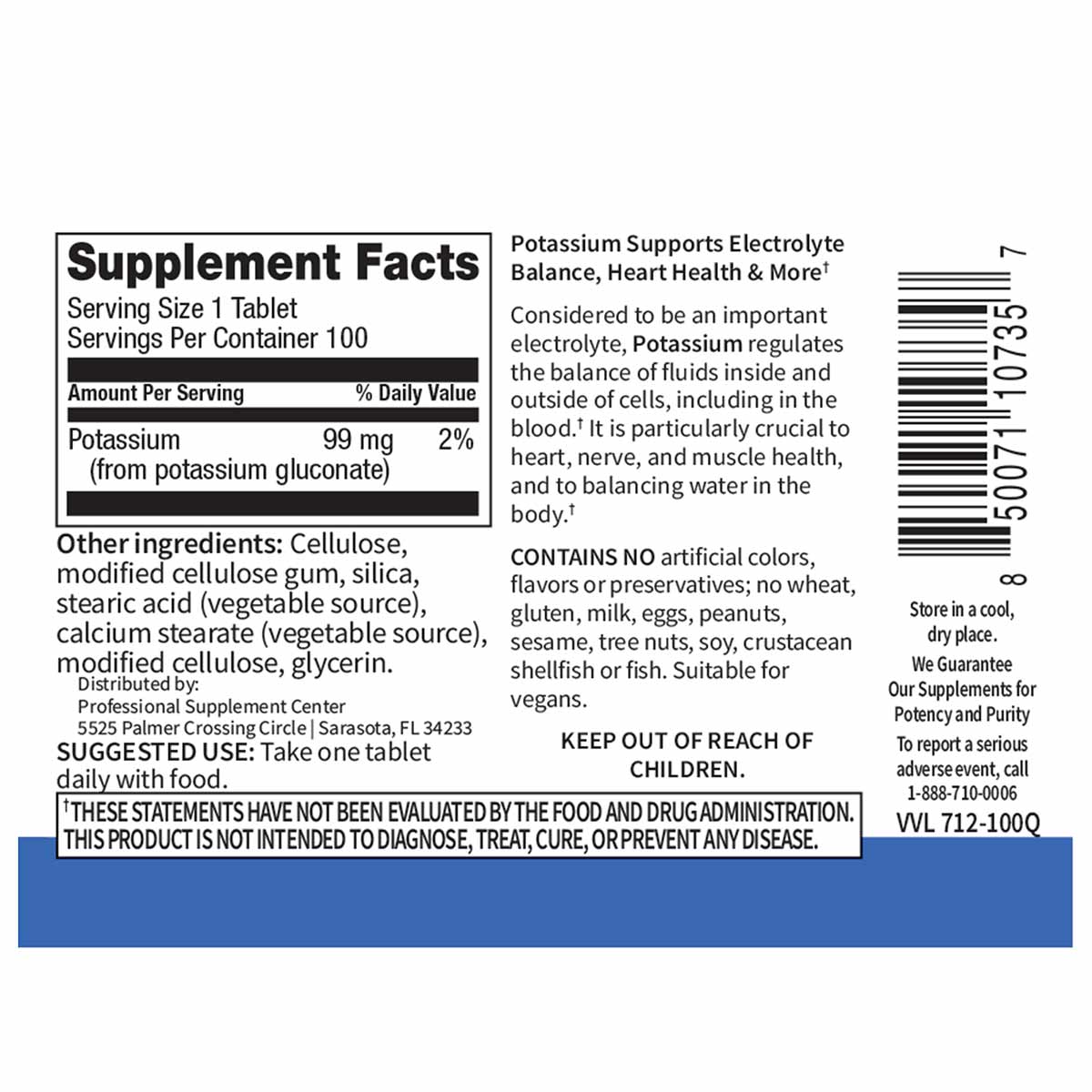 Bottle label for Professional Supplement Center Potassium supplement tablets containing 99 mg potassium per serving.
