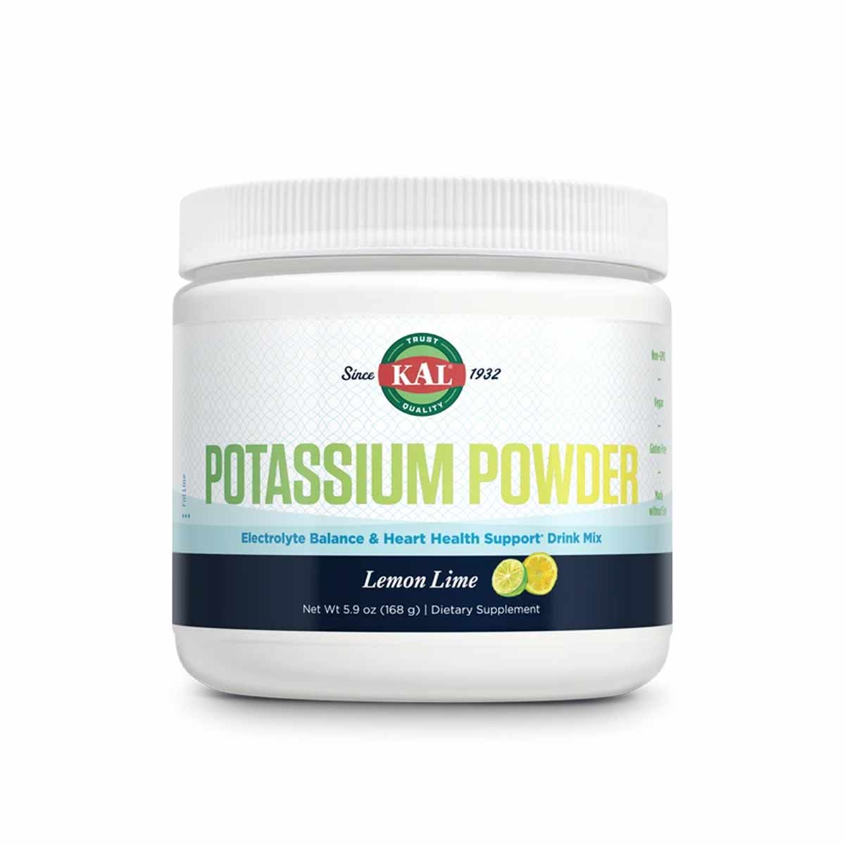White plastic container of Kal Potassium Powder in Lemon Lime flavor with white ribbed lid and green text labeling.