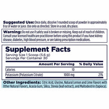 Supplement Facts label for Kal Potassium Powder showing serving size, nutritional information, and ingredients including pota