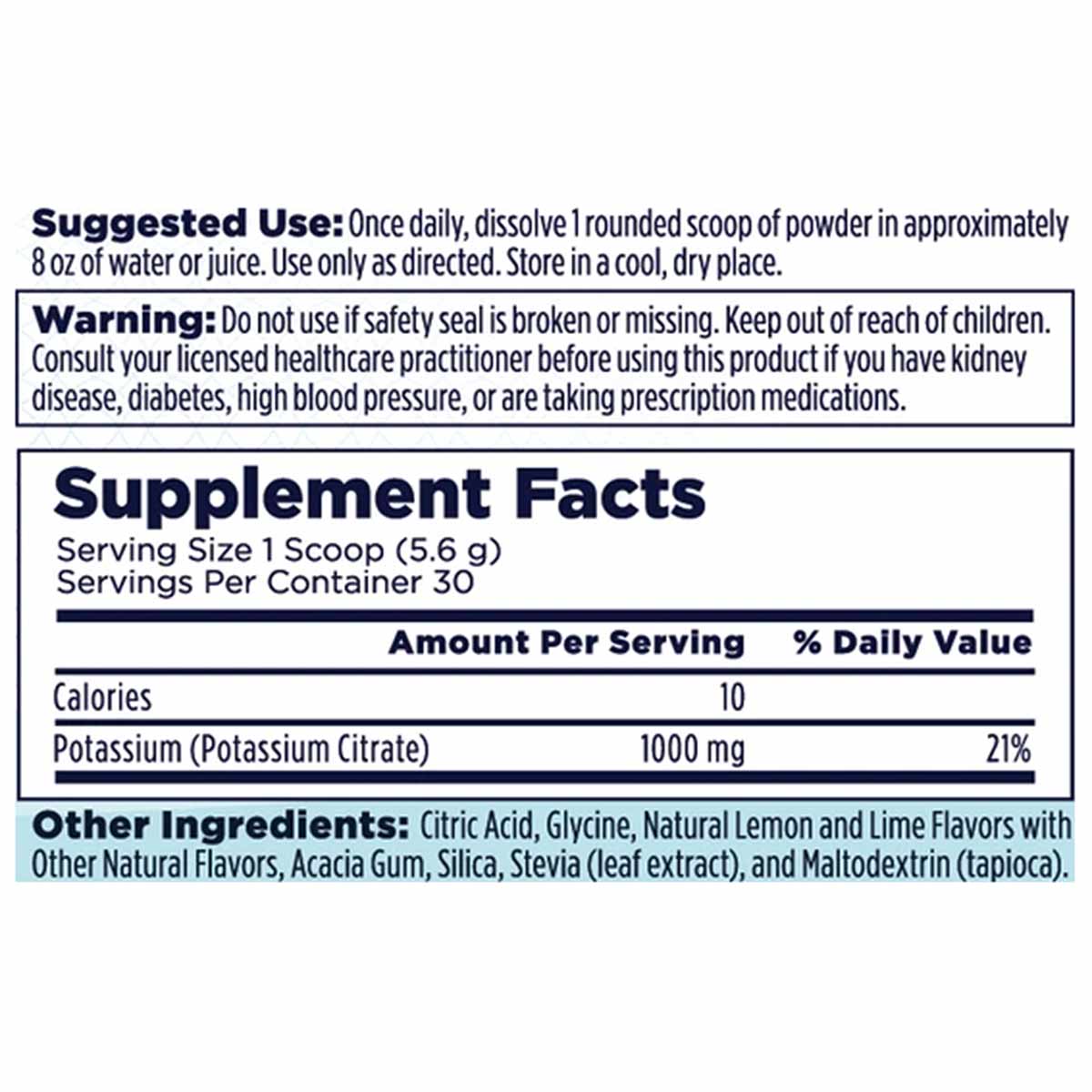 Supplement Facts label for Kal Potassium Powder showing serving size, nutritional information, and ingredients including pota