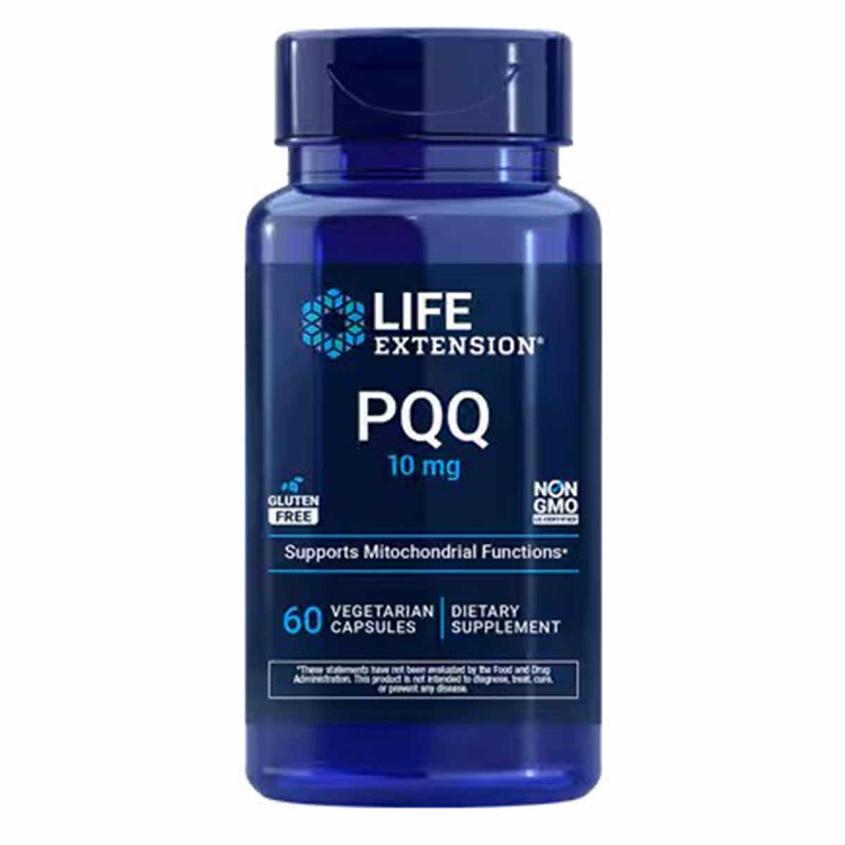 Dark blue bottle of Life Extension PQQ 10 mg capsules, 60 vegetarian capsules, labeled gluten-free and non-GMO.