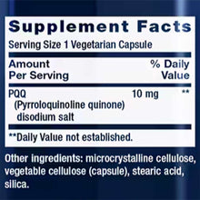 Supplement Facts label showing PQQ 10 mg per vegetarian capsule with ingredients including microcrystalline cellulose and veg