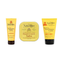Three Naked Bee hand care products: yellow tube of Hand & Body Lotion, tin of Hand & Cuticle Salve, and tube of Serious Hand 