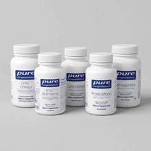 Five white dietary supplement bottles from Pure Encapsulations: O.N.E. Omega, O.N.E. Multivitamin, Calm Mind, ProbioMood, and