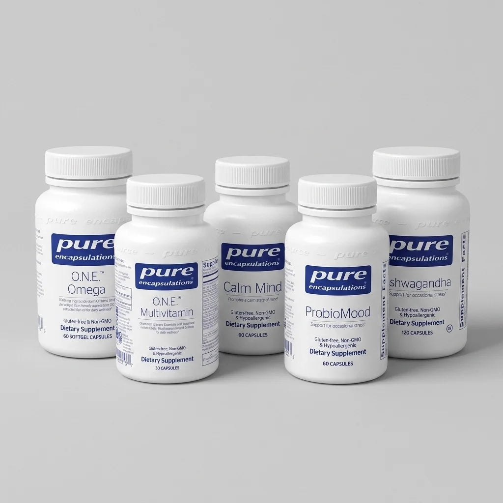 Five white dietary supplement bottles from Pure Encapsulations: O.N.E. Omega, O.N.E. Multivitamin, Calm Mind, ProbioMood, and