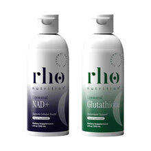Two Rho Nutrition liquid supplement bottles: dark blue Liposomal NAD+ and green Liposomal Glutathione, 4 fl oz each.