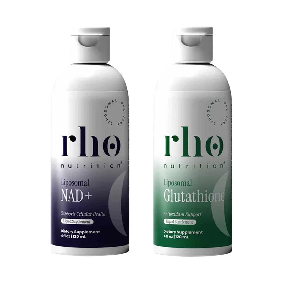 Two Rho Nutrition liquid supplement bottles: dark blue Liposomal NAD+ and green Liposomal Glutathione, 4 fl oz each.