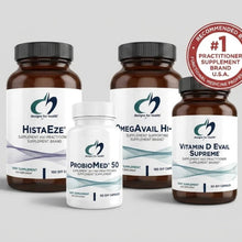 Four brown supplement bottles labeled HistaEze, ProbiMed 50, MegAvail Hi-, and Vitamin D Evail Supreme from Designs for Healt