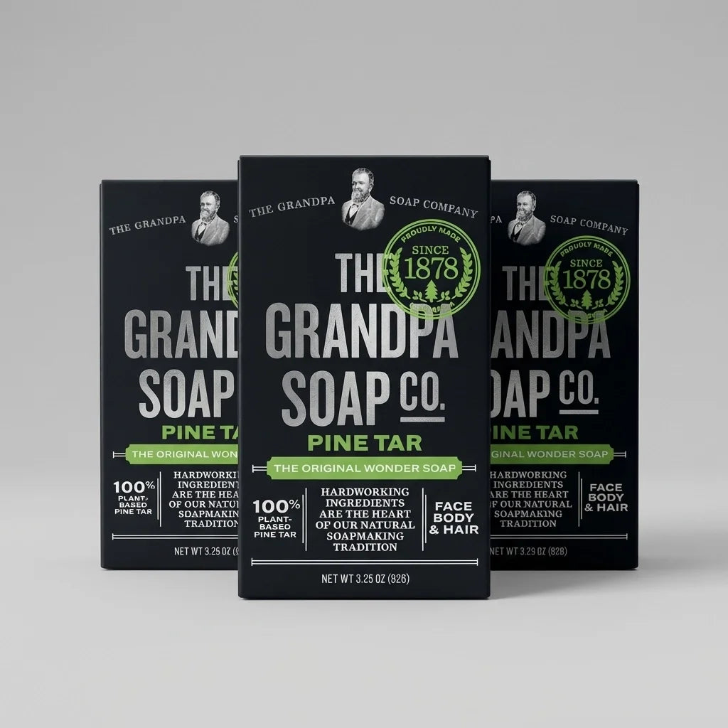 Three black boxes of Grandpa's Pine Tar Soap, each 3.25 oz, with green circular "Since 1878" badges and product text on front