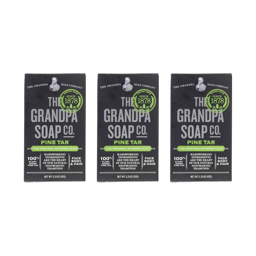 Three black boxes of Grandpa's Pine Tar Soap, 3.25 oz. each, with green and gray text and vintage branding.
