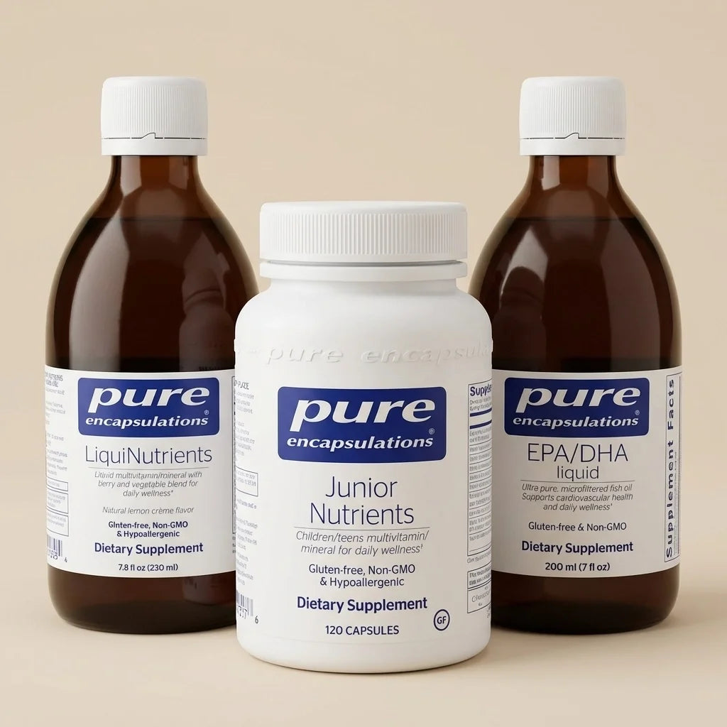 Three Pure Encapsulations supplement bottles: two dark glass bottles labeled LiquiNutrients and EPA/DHA liquid, and one white