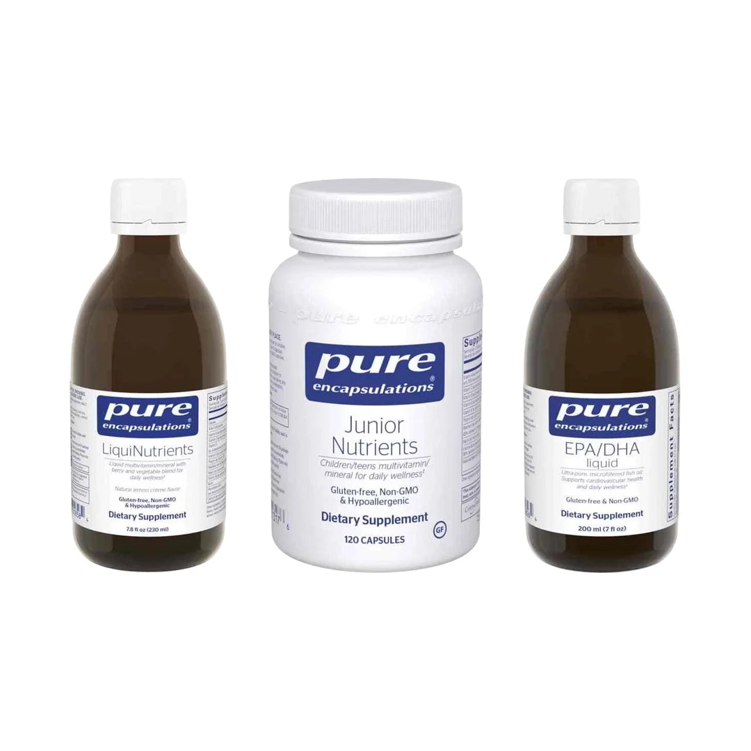 Three Pure Encapsulations supplement bottles: LiquiNutrients liquid, Junior Nutrients capsules, and EPA/DHA liquid.