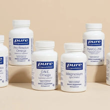Six white dietary supplement bottles from Pure Encapsulations arranged in a row on a beige background.