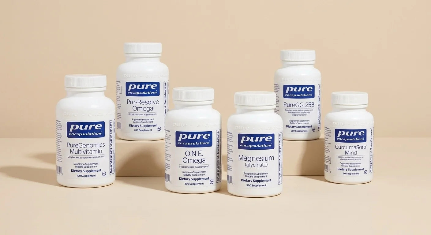 Six white dietary supplement bottles from Pure Encapsulations arranged in a row on a beige background.