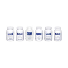 Six white Pure Encapsulations supplement bottles with blue labels arranged in a row.