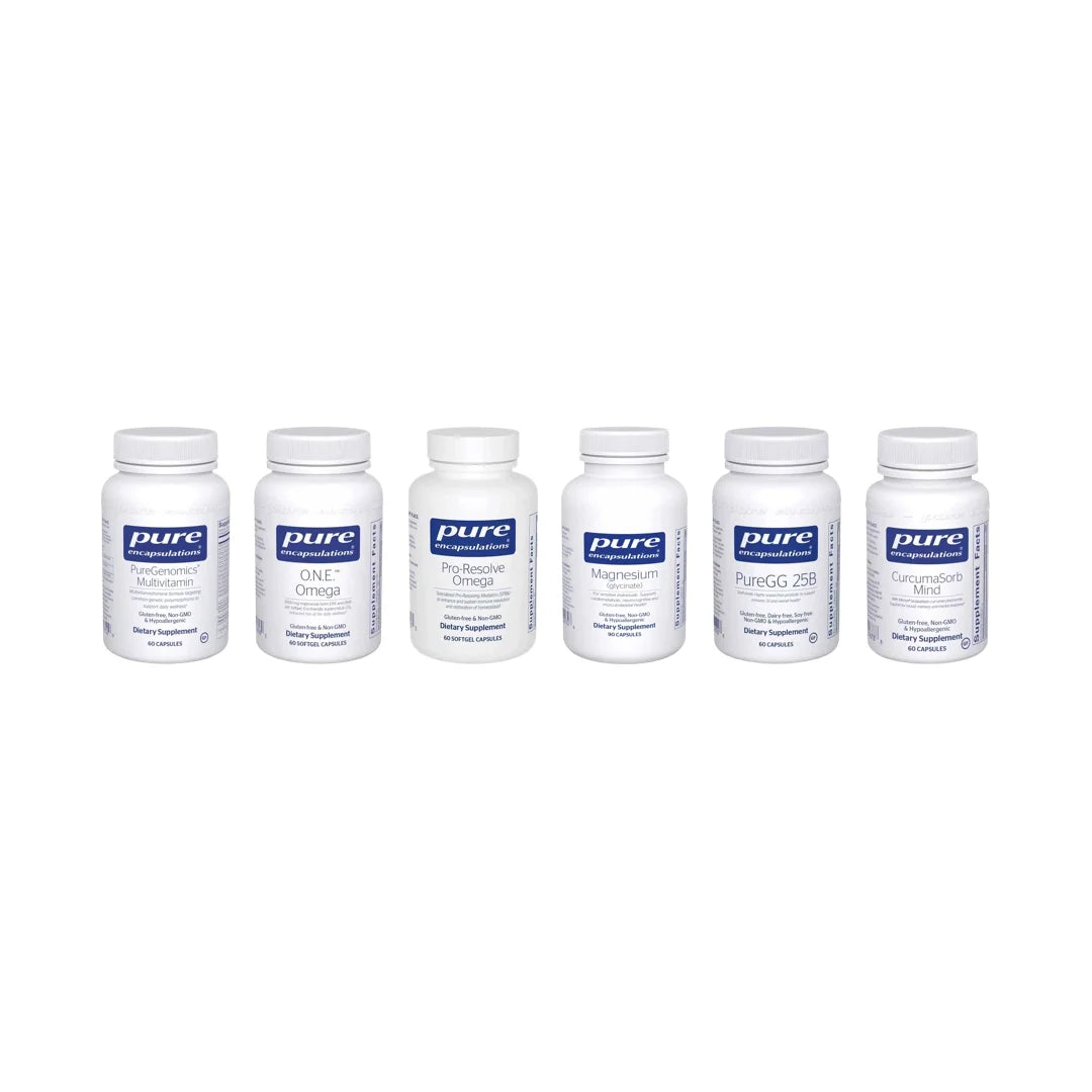 Six white Pure Encapsulations supplement bottles with blue labels arranged in a row.