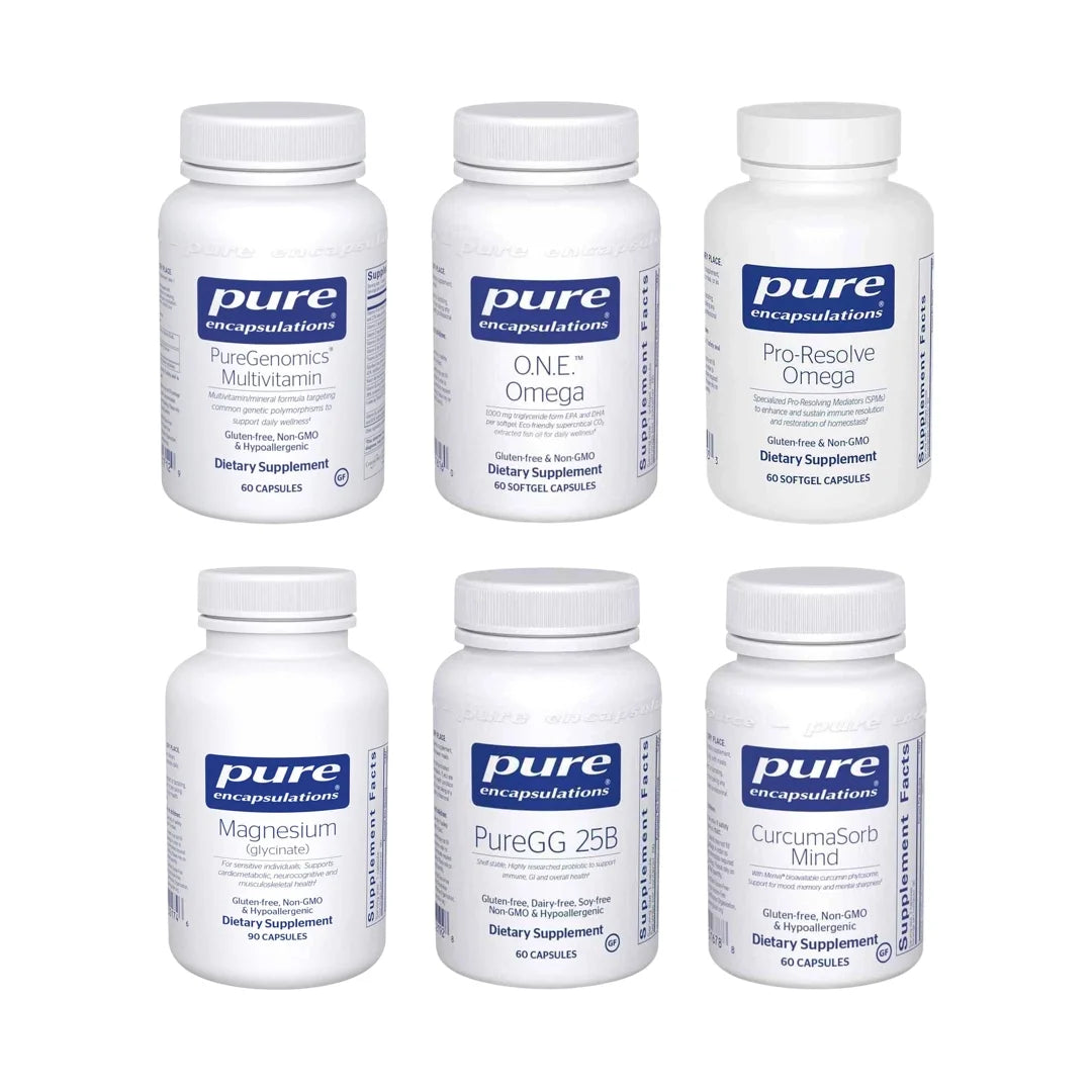 Six Pure Encapsulations dietary supplement bottles arranged in two rows, including PureGenomics Multivitamin, O.N.E. Omega, P