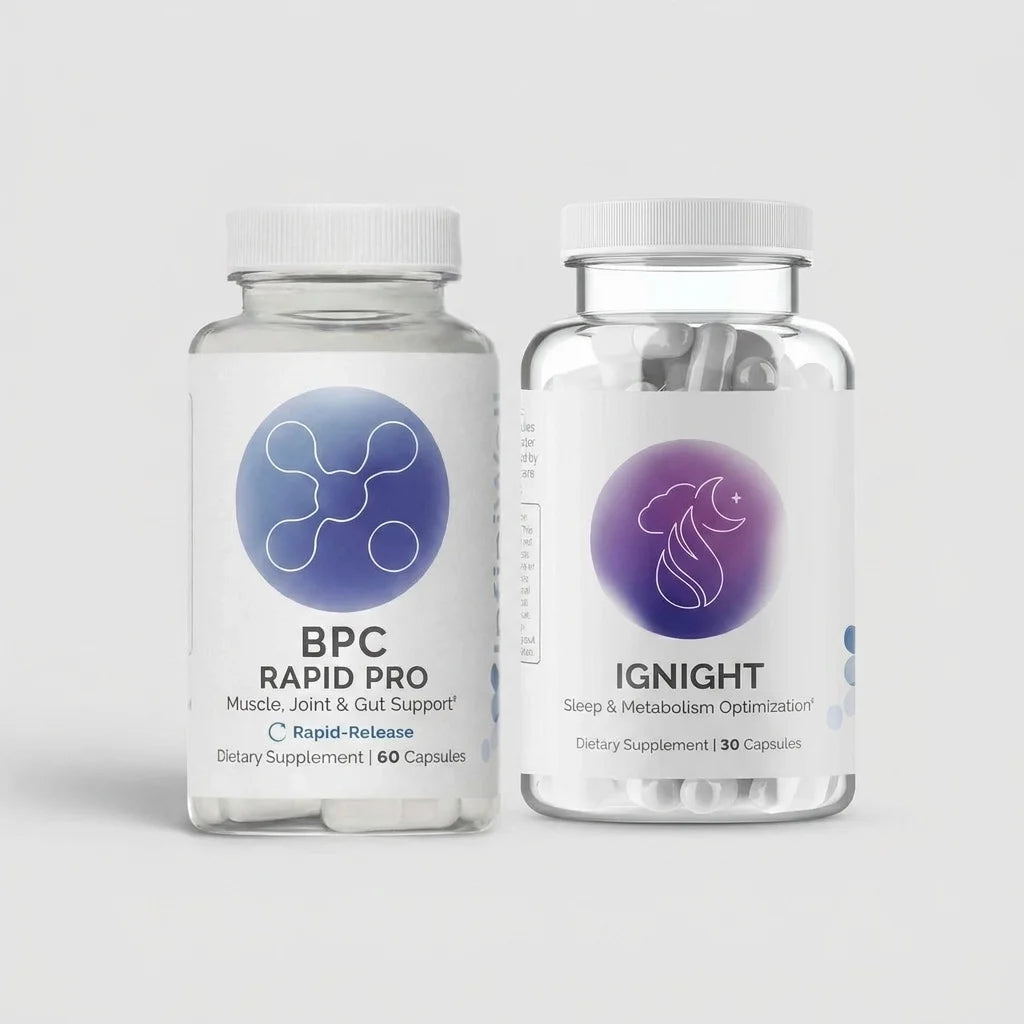 Two dietary supplement bottles: BPC Rapid Pro with 60 capsules and IGnight with 30 capsules.