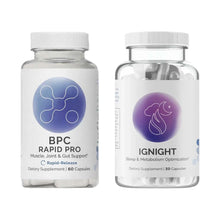 Two clear bottles with white caps: left bottle contains white capsules labeled "BPC Rapid Pro," right bottle contains white c
