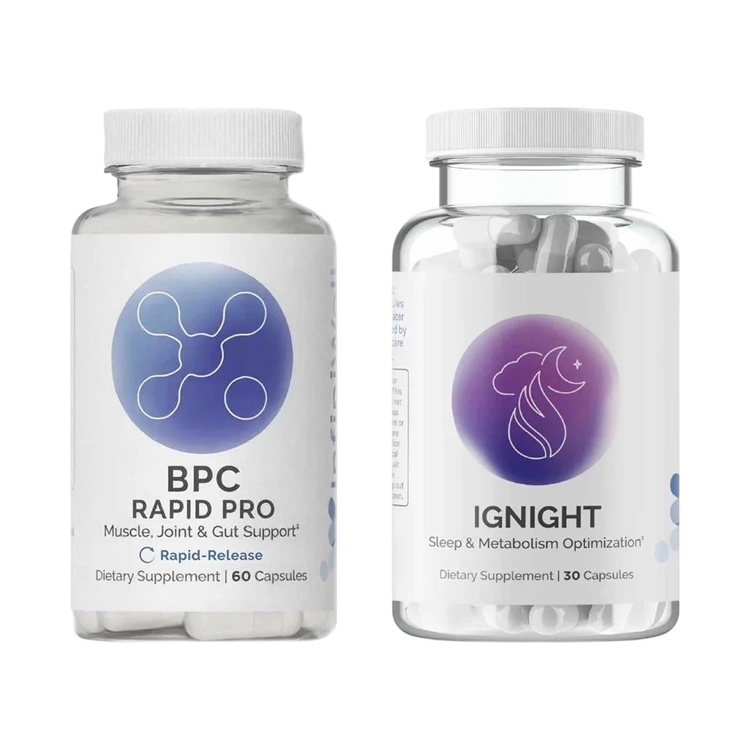 Two clear bottles with white caps: left bottle contains white capsules labeled "BPC Rapid Pro," right bottle contains white c