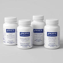 Four white supplement bottles with blue Pure Encapsulations labels containing multivitamin, probiotic, magnesium, and vitamin