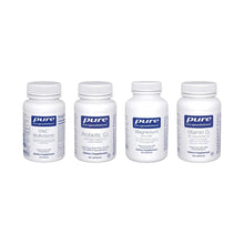 Four white supplement bottles with blue labels: ONE Multivitamin, Probiotic G.I., Magnesium, and Vitamin D3.