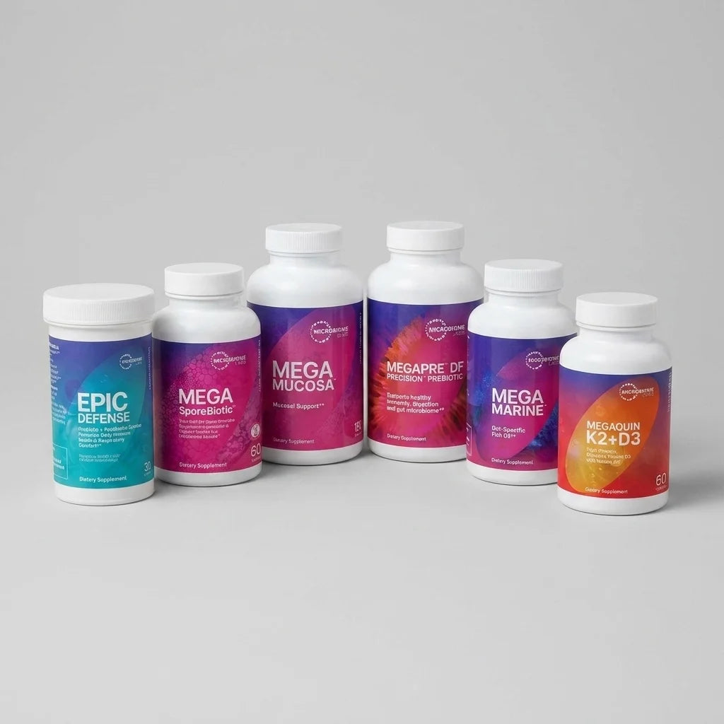 Six supplement bottles from Microbiome Labs with white caps and gradient colored labels in teal, purple, and orange.