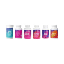 Six supplement bottles with colorful labels arranged in a row: Epic Defense, Mega Sporebiotic, Mega Mucosa, Megapre, Mega Mar