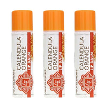 Three cylindrical lip balm tubes with orange caps, white labels reading "Calendula Orange Lip Balm" and "Four Elements" brand