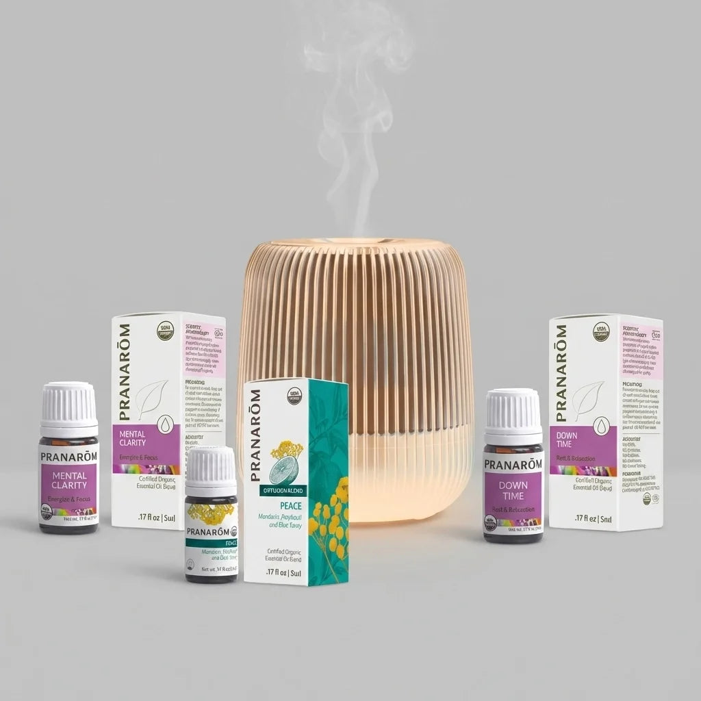 Wooden ribbed diffuser with mist output surrounded by four boxed essential oil bottles labeled Mental Clarity, Peace, and Dow