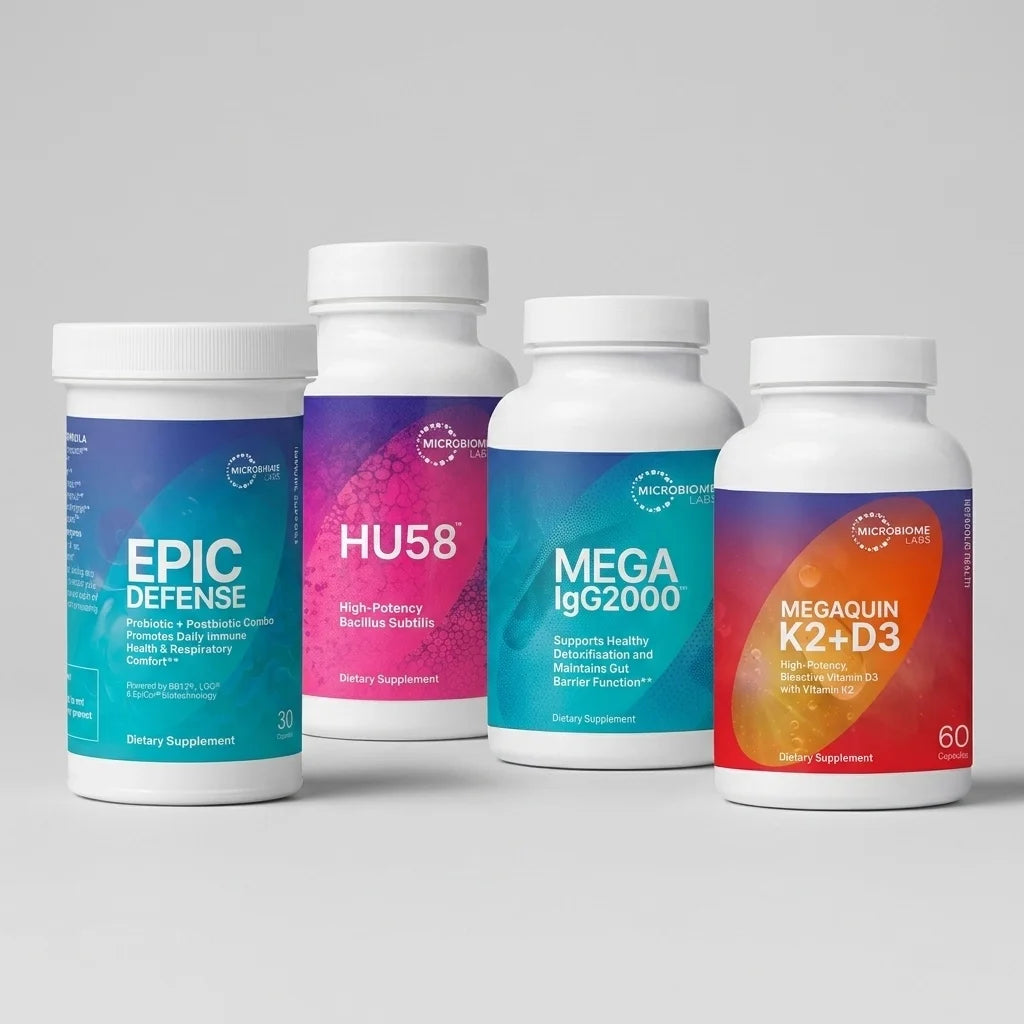 Four Microbiome Labs supplement bottles: Epic Defense, HU58, Mega Spore, and MegaQuin K2+D3 dietary supplements.