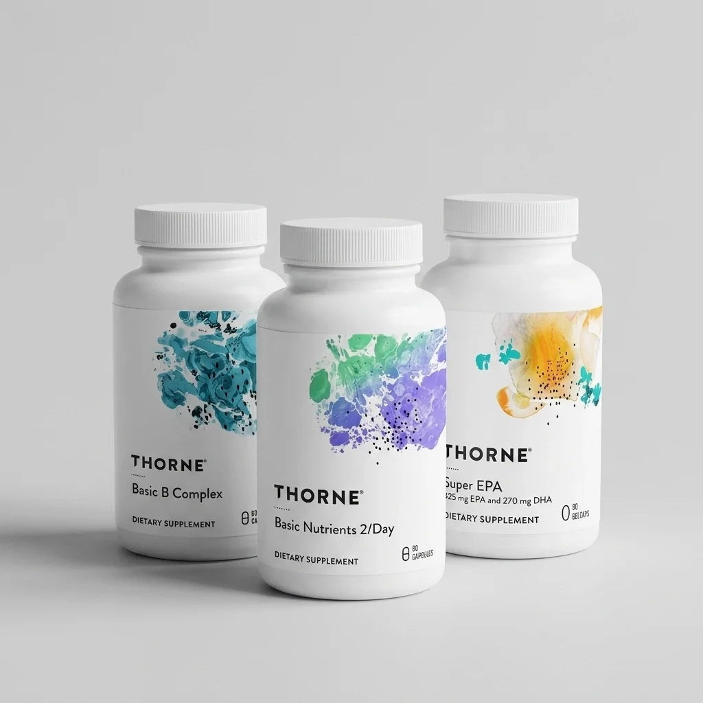 Three white dietary supplement bottles labeled Basic B Complex, Basic Nutrients 2/Day, and Super EPA by Thorne.
