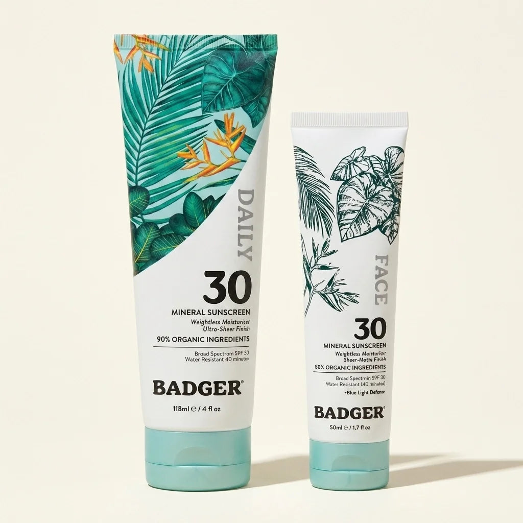 Two Badger SPF 30 mineral sunscreen tubes with tropical leaf designs: larger daily body sunscreen (118ml) and smaller face su